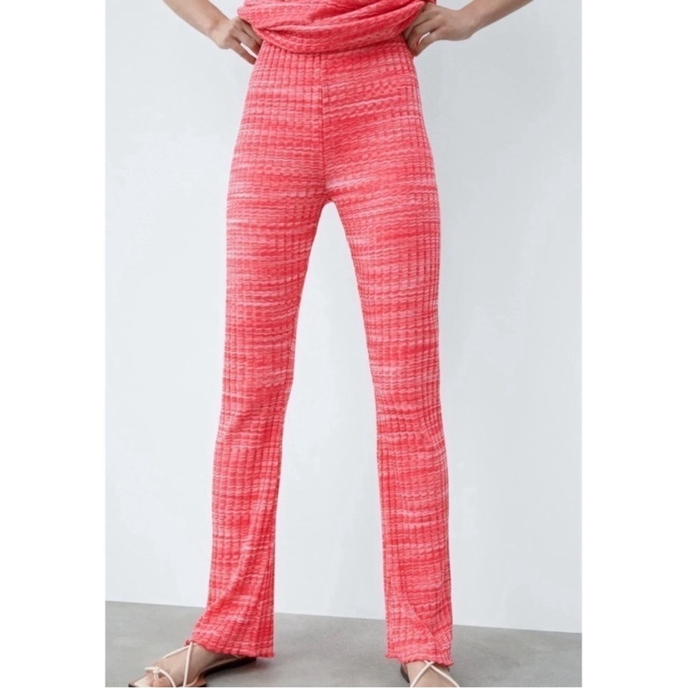 NWT Zara Woman Red Ribbed Stretch Pull On Flare Pants MEDIUM Boho Folk Retro